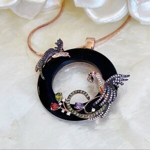 Rose Gold Plated Simulated Black Jade Birds of Paradise Multicolor CZ Necklace